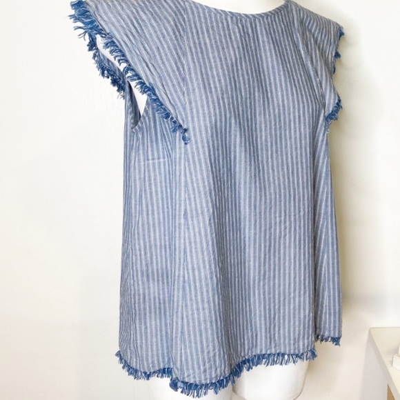 Doe & Rae Striped Blue/White Top Raw Hem Flutter Sleeves New Size Medium - Picture 2 of 10